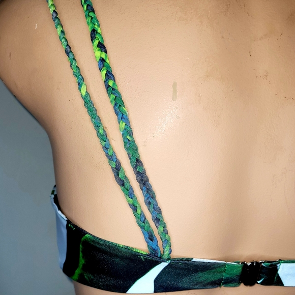 NEW SMALL 2 PIECE SWIMSUIT WHITE & GREEN BRADED STRAPS LINED PADDED - Picture 7 of 8